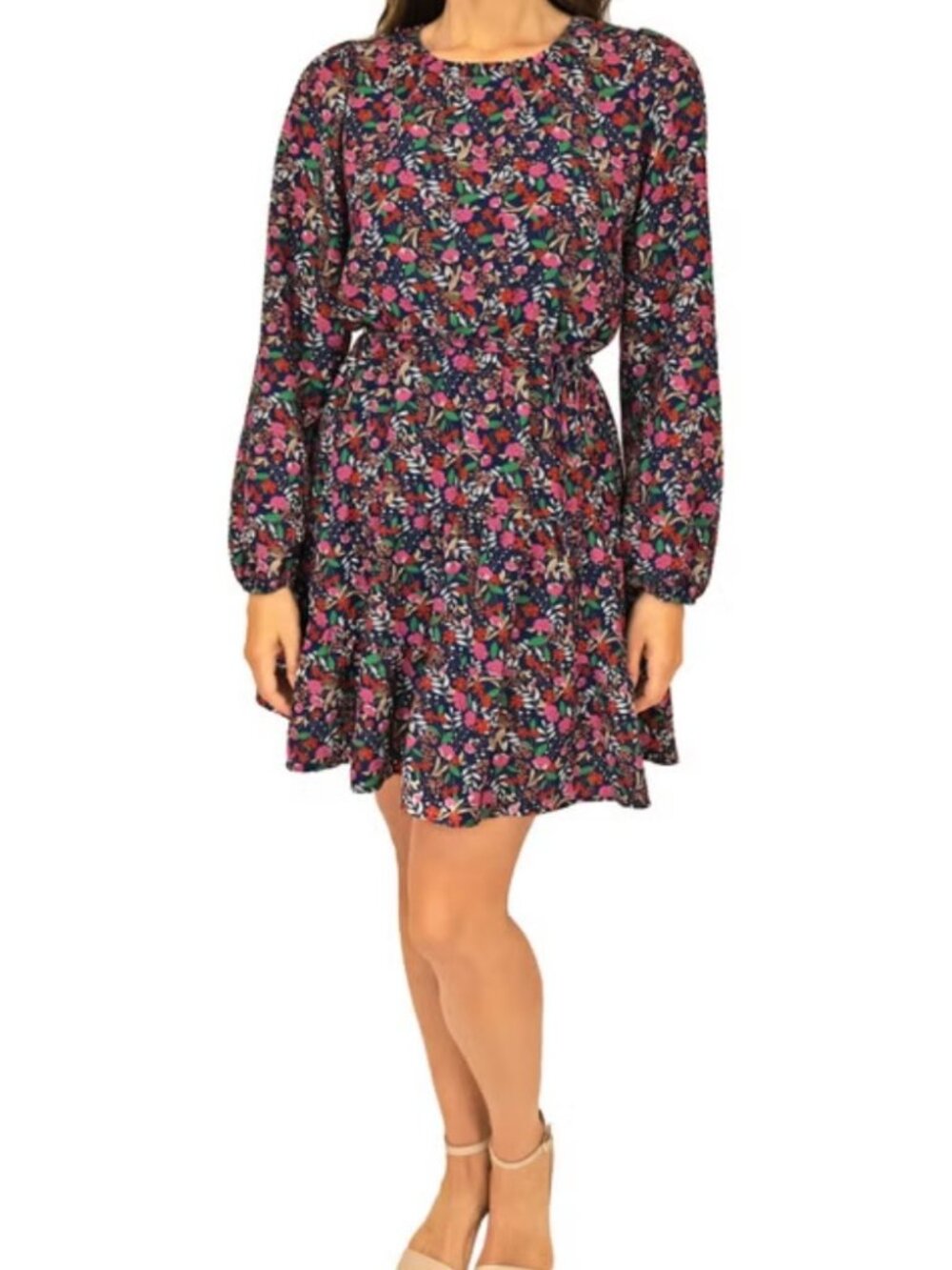 Draper James Women's Long Sleeve Tiered Dress, Navy Pink Multi Print